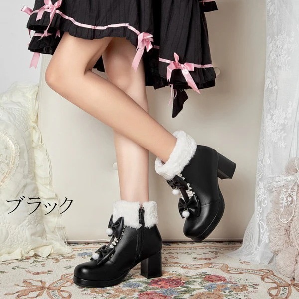 シューズ もふもふブーツ ショートブーツ レディース ボア付き ロリータ靴 可愛い 姫様 お嬢様 女の子 おしゃれ 日常 美脚 お茶会 小さいサイズ 大きいサイズ