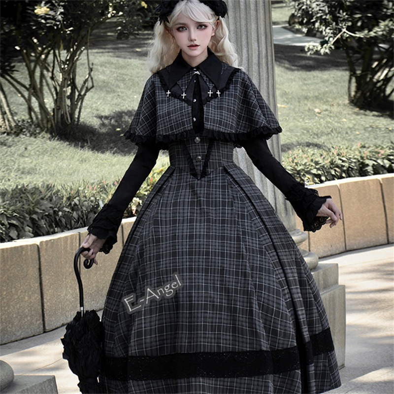 ロリータ ワンピース チェック柄 ブラックグレー ジャンスカワンピース ゴシック コスプレ jk制服 マント 復古cla系 チェックワンピース 重ね着
