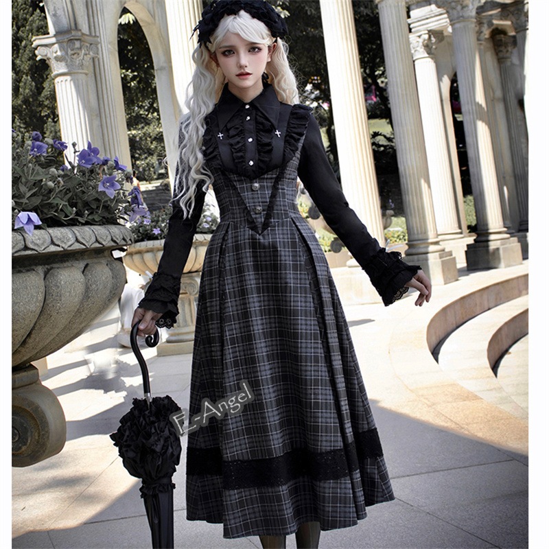 ロリータ ワンピース チェック柄 ブラックグレー ジャンスカワンピース ゴシック コスプレ jk制服 マント 復古cla系 チェックワンピース 重ね着
