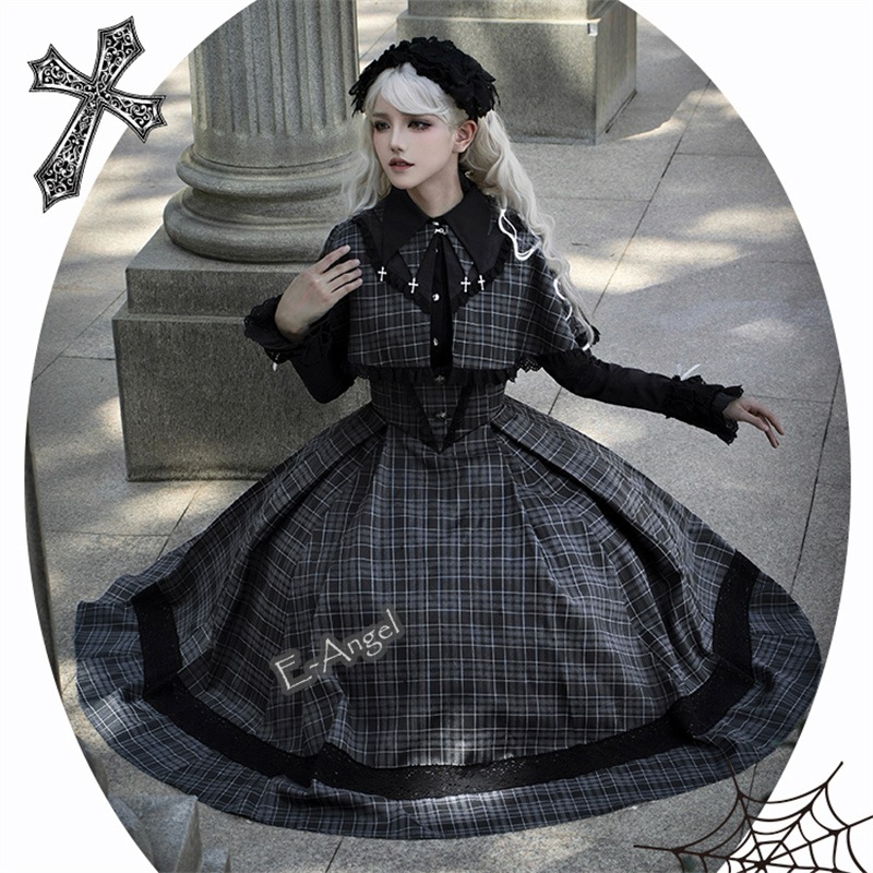 ロリータ ワンピース チェック柄 ブラックグレー ジャンスカワンピース ゴシック コスプレ jk制服 マント 復古cla系 チェックワンピース 重ね着