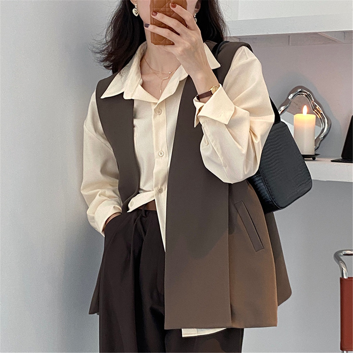 トップス ベスト ロング ロング丈 袖なし ノースリーブ Vネック 前開き きれいめ シンプル 大人 上品 おしゃれ お洒落 かっこいい レトロ こなれ感 個性的 抜け感 無地 春 秋 冬 10代