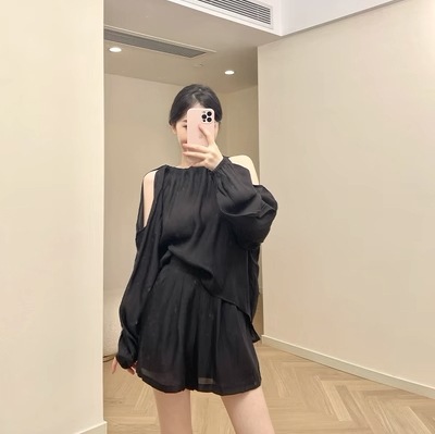 セットアップ ショートパンツ ショート丈 ラグランスリーブ ホルターネック ストラップレス 軽い ウエストリボン ウエストゴム 通気性 柔らかい 綿 薄手 コットン その他素材 ツーピース 可愛い