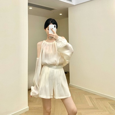 セットアップ ショートパンツ ショート丈 ラグランスリーブ ホルターネック ストラップレス 軽い ウエストリボン ウエストゴム 通気性 柔らかい 綿 薄手 コットン その他素材 ツーピース 可愛い
