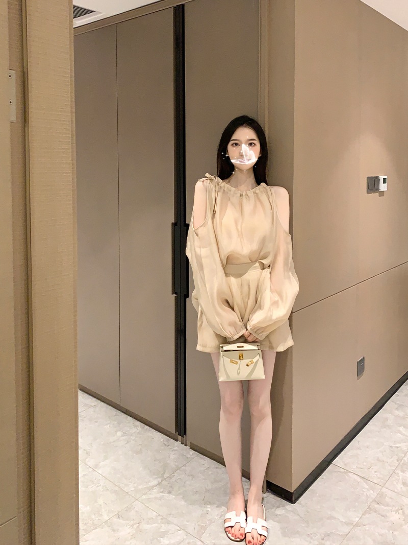 セットアップ ショートパンツ ショート丈 ラグランスリーブ ホルターネック ストラップレス 軽い ウエストリボン ウエストゴム 通気性 柔らかい 綿 薄手 コットン その他素材 ツーピース 可愛い