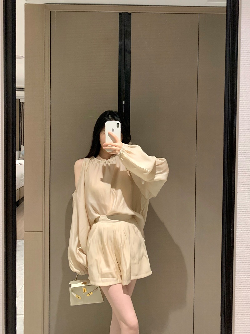 セットアップ ショートパンツ ショート丈 ラグランスリーブ ホルターネック ストラップレス 軽い ウエストリボン ウエストゴム 通気性 柔らかい 綿 薄手 コットン その他素材 ツーピース 可愛い