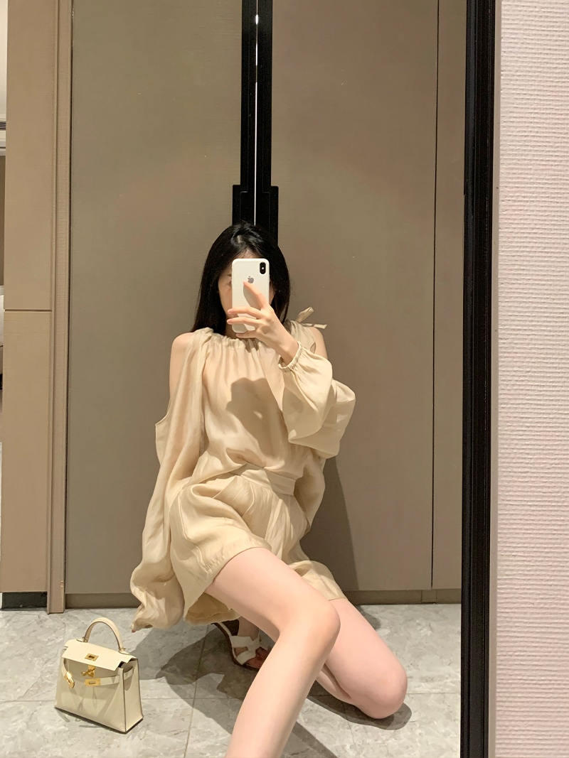 セットアップ ショートパンツ ショート丈 ラグランスリーブ ホルターネック ストラップレス 軽い ウエストリボン ウエストゴム 通気性 柔らかい 綿 薄手 コットン その他素材 ツーピース 可愛い
