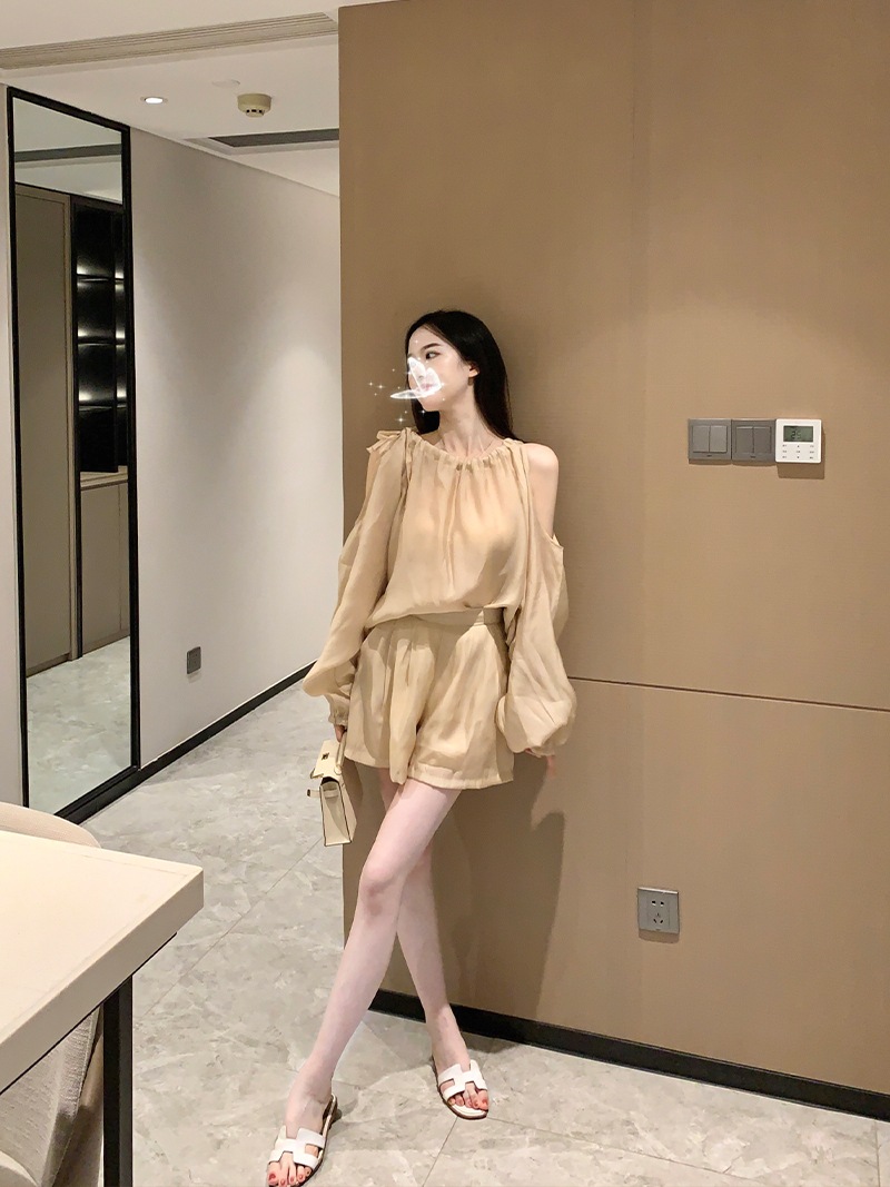 セットアップ ショートパンツ ショート丈 ラグランスリーブ ホルターネック ストラップレス 軽い ウエストリボン ウエストゴム 通気性 柔らかい 綿 薄手 コットン その他素材 ツーピース 可愛い