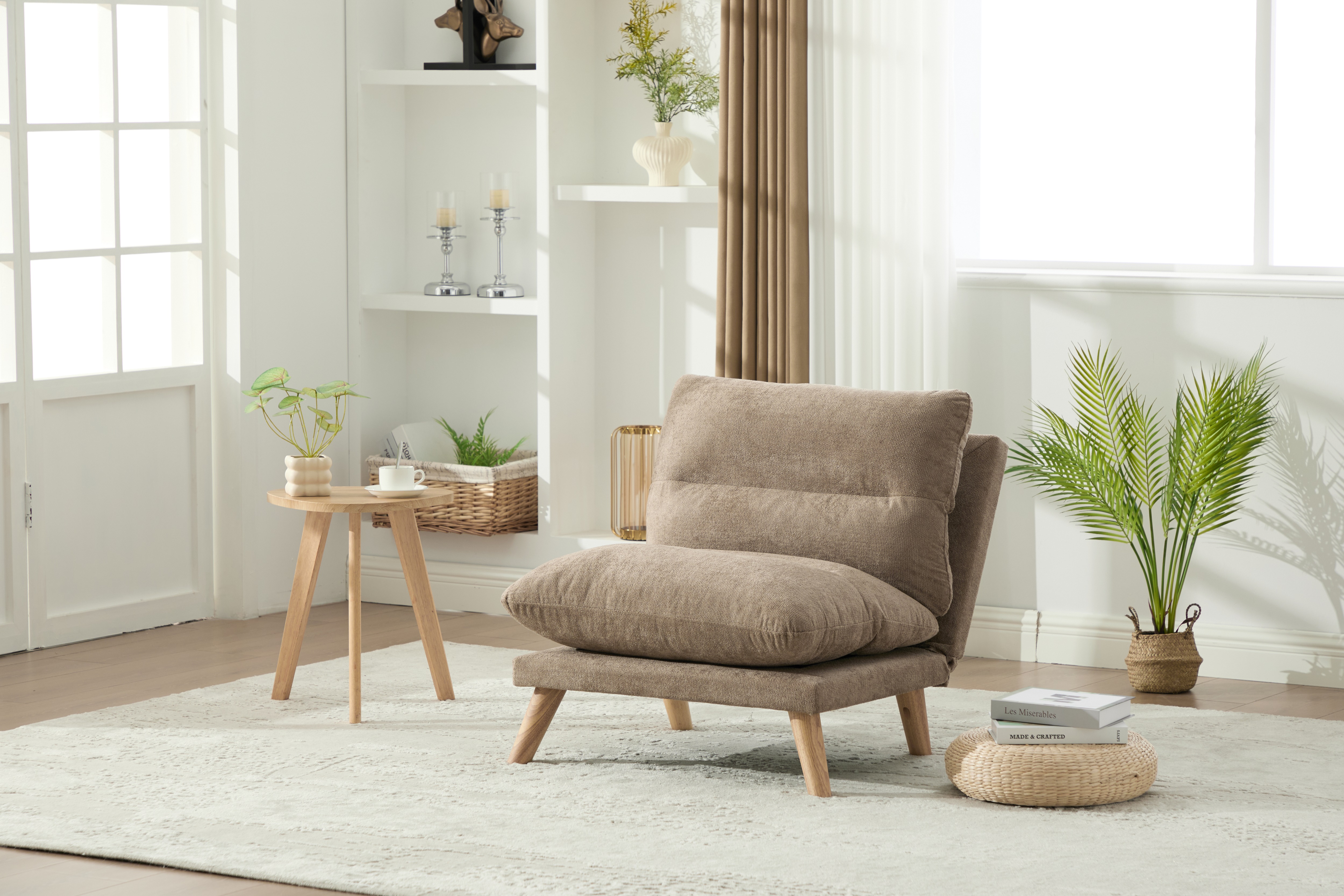 【国内入荷済】一人掛け ソファ 座椅子 リクライニング 折りたたみ コンパクト 幅68cm 低反発 メモリーフォーム ふわふわ シェニール生地 無垢材フレーム 90160角度調節 一人暮らし お_12