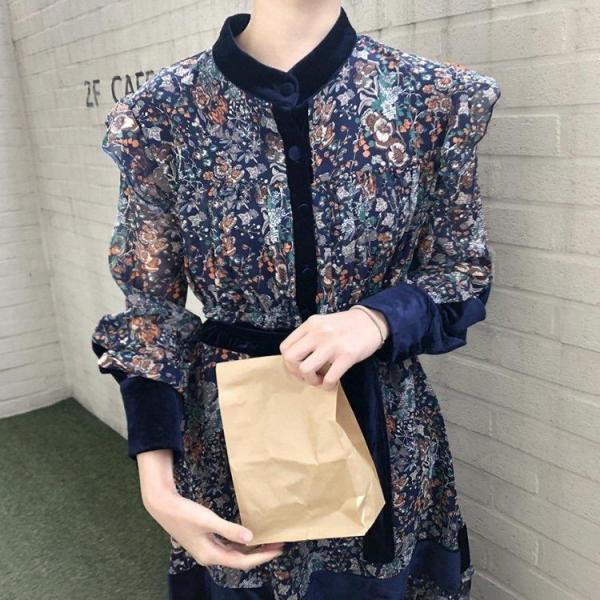 ワンピース レディース 40代ワンピース 春秋新作 長袖ワンピース きれいめ 花柄ワンピース シフォン フレアスカート オシャレ 通勤 結婚式 お出かけ 大人