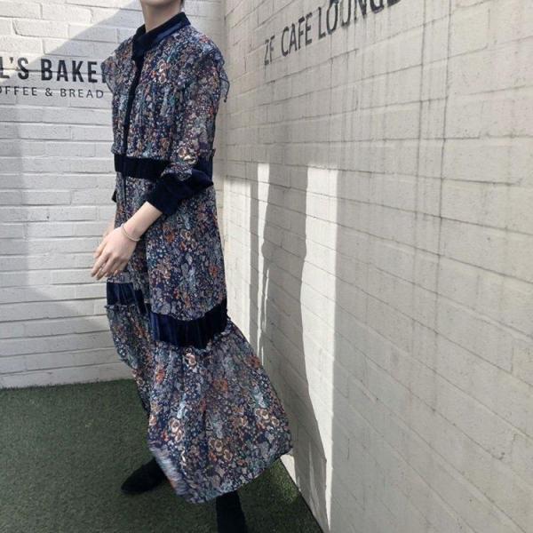 ワンピース レディース 40代ワンピース 春秋新作 長袖ワンピース きれいめ 花柄ワンピース シフォン フレアスカート オシャレ 通勤 結婚式 お出かけ 大人