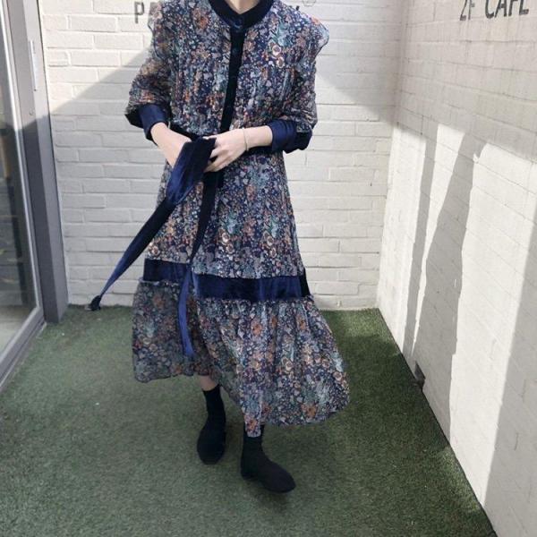 ワンピース レディース 40代ワンピース 春秋新作 長袖ワンピース きれいめ 花柄ワンピース シフォン フレアスカート オシャレ 通勤 結婚式 お出かけ 大人