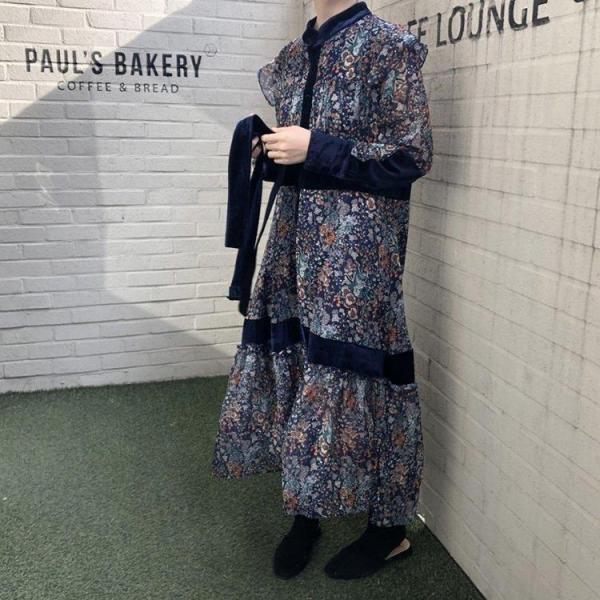 ワンピース レディース 40代ワンピース 春秋新作 長袖ワンピース きれいめ 花柄ワンピース シフォン フレアスカート オシャレ 通勤 結婚式 お出かけ 大人