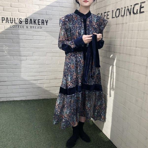 ワンピース レディース 40代ワンピース 春秋新作 長袖ワンピース きれいめ 花柄ワンピース シフォン フレアスカート オシャレ 通勤 結婚式 お出かけ 大人