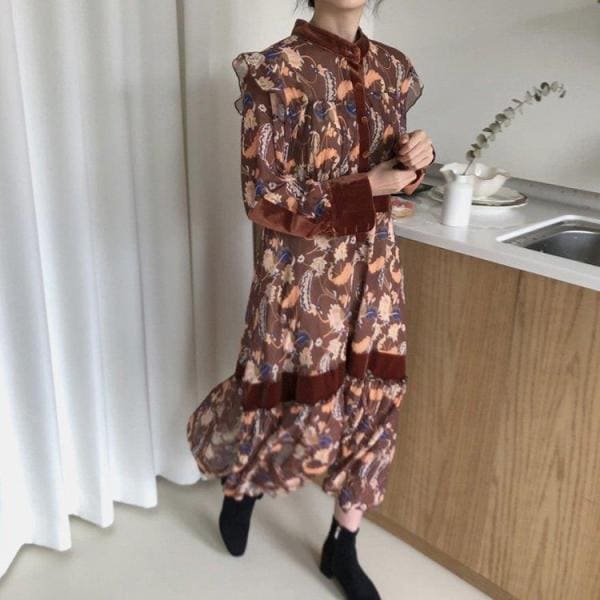 ワンピース レディース 40代ワンピース 春秋新作 長袖ワンピース きれいめ 花柄ワンピース シフォン フレアスカート オシャレ 通勤 結婚式 お出かけ 大人