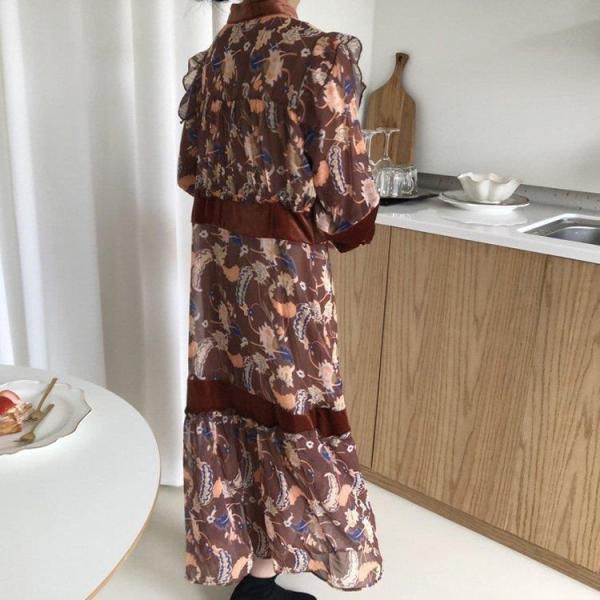 ワンピース レディース 40代ワンピース 春秋新作 長袖ワンピース きれいめ 花柄ワンピース シフォン フレアスカート オシャレ 通勤 結婚式 お出かけ 大人