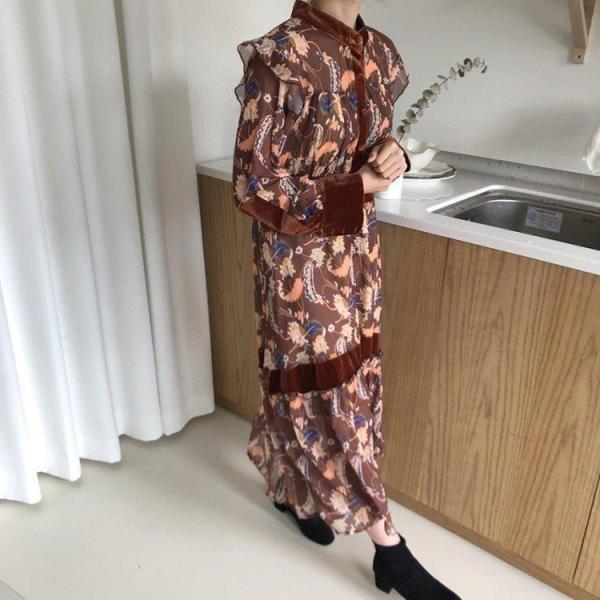 ワンピース レディース 40代ワンピース 春秋新作 長袖ワンピース きれいめ 花柄ワンピース シフォン フレアスカート オシャレ 通勤 結婚式 お出かけ 大人