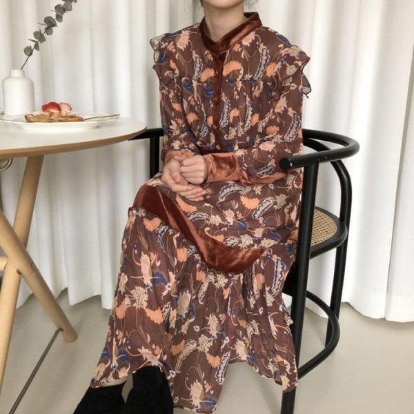 ワンピース レディース 40代ワンピース 春秋新作 長袖ワンピース きれいめ 花柄ワンピース シフォン フレアスカート オシャレ 通勤 結婚式 お出かけ 大人