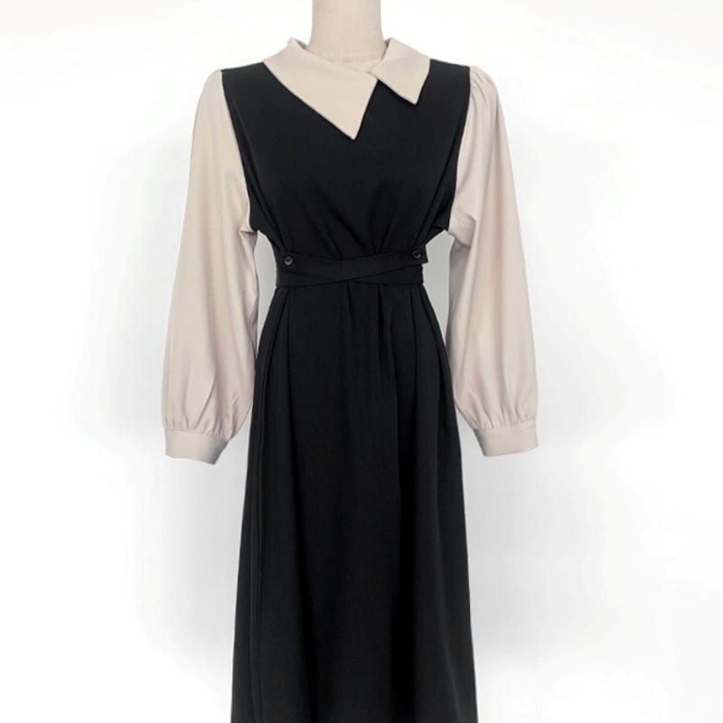 レディース ワンピース ドレス 切り替えデザイン ドッキングデザイン 襟付き シック フェミニン