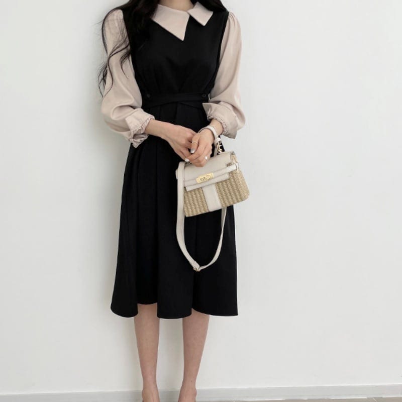 レディース ワンピース ドレス 切り替えデザイン ドッキングデザイン 襟付き シック フェミニン