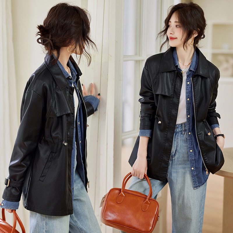 革ジャン 秋の婦人服新香港風ファッションカジュアル腰節ドローロープロングコート 柔らかい皮質 防風防水 OL通勤コート着 革ジャン 秋の婦人服新香港風ファッションカジュアル腰節ドローロープロングコート 柔らかい皮質 防風防水 OL通勤コート着