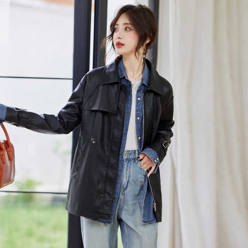 革ジャン 秋の婦人服新香港風ファッションカジュアル腰節ドローロープロングコート 柔らかい皮質 防風防水 OL通勤コート着 革ジャン 秋の婦人服新香港風ファッションカジュアル腰節ドローロープロングコート 柔らかい皮質 防風防水 OL通勤コート着