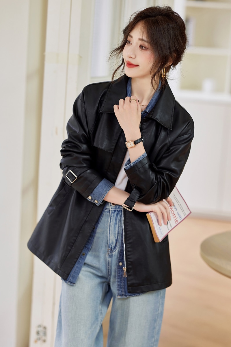 革ジャン 秋の婦人服新香港風ファッションカジュアル腰節ドローロープロングコート 柔らかい皮質 防風防水 OL通勤コート着 革ジャン 秋の婦人服新香港風ファッションカジュアル腰節ドローロープロングコート 柔らかい皮質 防風防水 OL通勤コート着