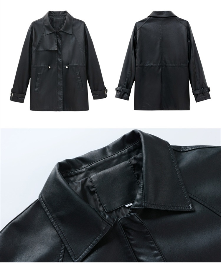 革ジャン 秋の婦人服新香港風ファッションカジュアル腰節ドローロープロングコート 柔らかい皮質 防風防水 OL通勤コート着 革ジャン 秋の婦人服新香港風ファッションカジュアル腰節ドローロープロングコート 柔らかい皮質 防風防水 OL通勤コート着