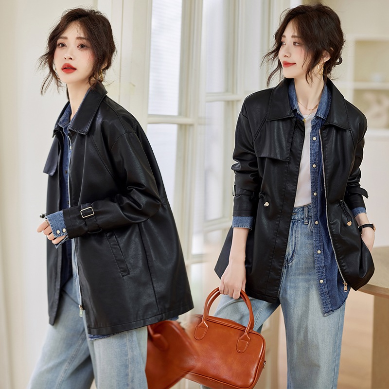 革ジャン 秋の婦人服新香港風ファッションカジュアル腰節ドローロープロングコート 柔らかい皮質 防風防水 OL通勤コート着 革ジャン 秋の婦人服新香港風ファッションカジュアル腰節ドローロープロングコート 柔らかい皮質 防風防水 OL通勤コート着