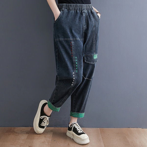 Qoo10] 大きいサイズレディースジーンズ九分丈 ハ