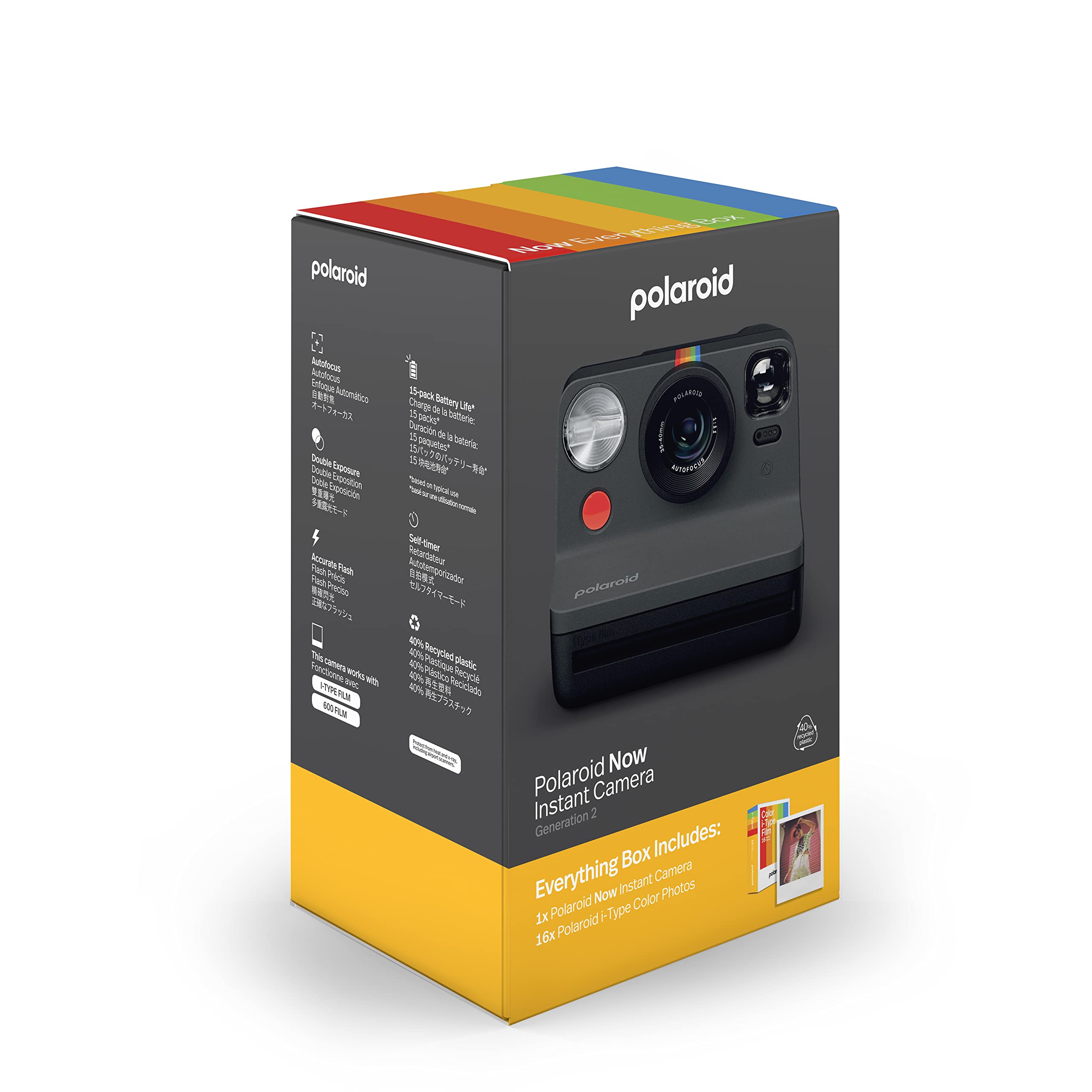 Polaroid Now 第2世代 I-Type インスタントカメラ フィルムバンドル - ブラックカメラ 16色写真 (6248) - ブラック