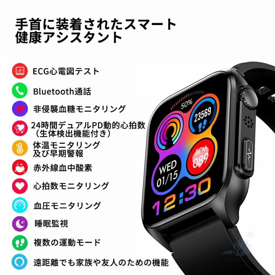 スマートウォッチ 即納 心電図PPG+ECG 血糖値 通話機能 血圧測定 モニタリング 体温 血中酸素 心拍数 着信通知 1.96インチ 大画面 日本語 日本製 IP67防水 2024 新品
