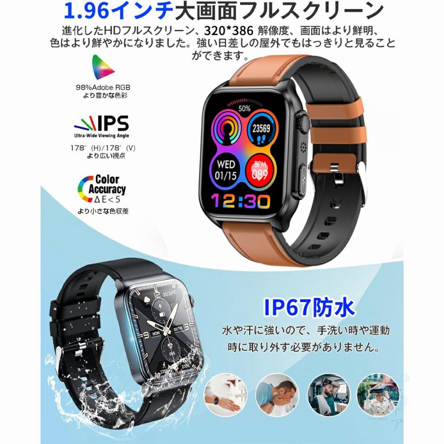 スマートウォッチ 即納 心電図PPG+ECG 血糖値 通話機能 血圧測定 モニタリング 体温 血中酸素 心拍数 着信通知 1.96インチ 大画面 日本語 日本製 IP67防水 2024 新品