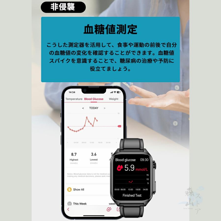 スマートウォッチ 即納 心電図PPG+ECG 血糖値 通話機能 血圧測定 モニタリング 体温 血中酸素 心拍数 着信通知 1.96インチ 大画面 日本語 日本製 IP67防水 2024 新品