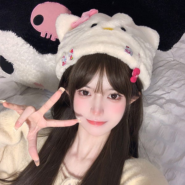 Qoo10] ハローキティ帽子女性冬毛むくじゃら暖かい