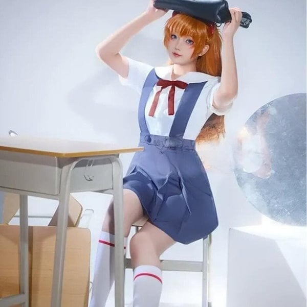 EVANGELION シャツ ジャンパースカート リボン コスプレ 白 空色 EVANGELION シャツ ジャンパースカート リボン コスプレ 白 空色