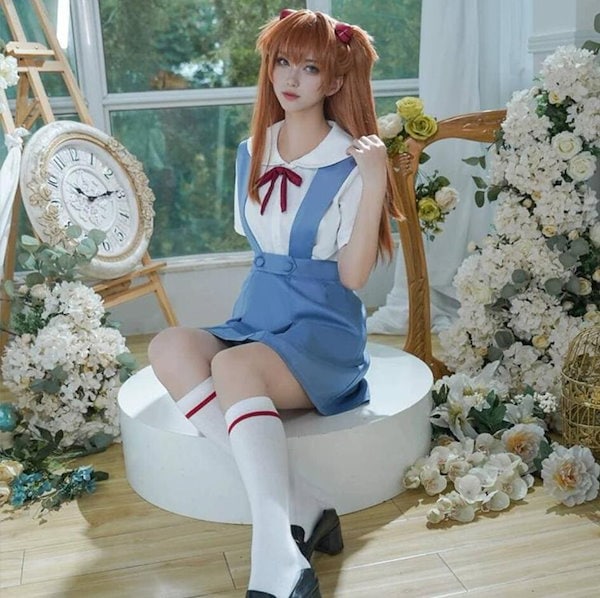 EVANGELION シャツ ジャンパースカート リボン コスプレ 白 空色 イレギュラーストライプジャンパースカート /日本製(ジャンパー