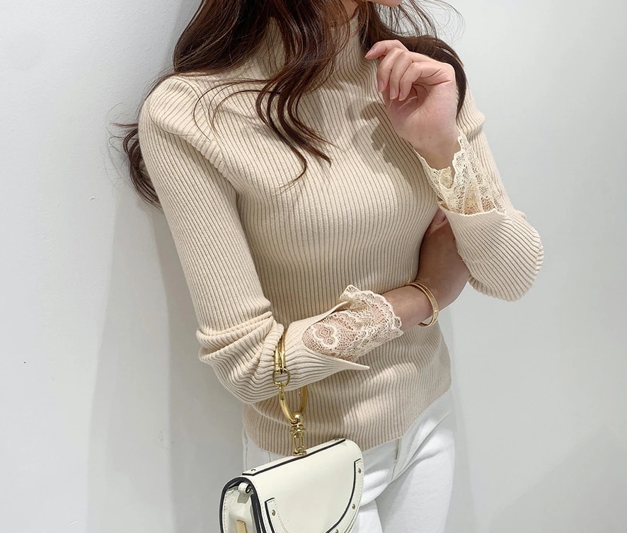 レースカフスハーフネックリブニット・p112018 レディース 韓国ファッション トップス ニット 長袖 ハーフネック モックネック レース カジュアル フェミニン ユニーク 秋冬 ST レースカフスハーフネックリブニット・p112018 レディース 韓国ファッション トップス ニット 長袖 ハーフネック モックネック レース カジュアル フェミニン ユニーク 秋冬 ST