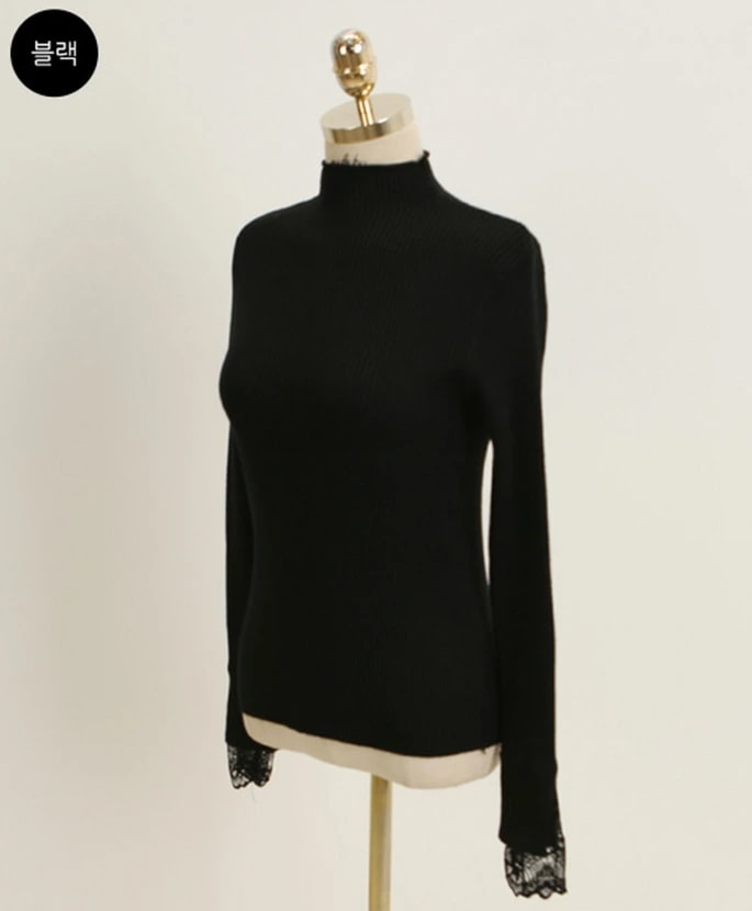 レースカフスハーフネックリブニット・p112018 レディース 韓国ファッション トップス ニット 長袖 ハーフネック モックネック レース カジュアル フェミニン ユニーク 秋冬 ST レースカフスハーフネックリブニット・p112018 レディース 韓国ファッション トップス ニット 長袖 ハーフネック モックネック レース カジュアル フェミニン ユニーク 秋冬 ST