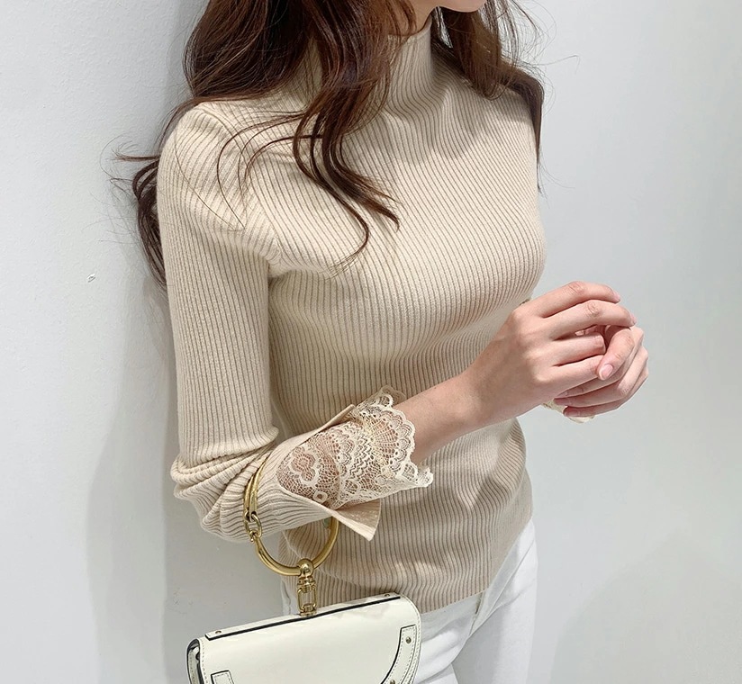 レースカフスハーフネックリブニット・p112018 レディース 韓国ファッション トップス ニット 長袖 ハーフネック モックネック レース カジュアル フェミニン ユニーク 秋冬 ST レースカフスハーフネックリブニット・p112018 レディース 韓国ファッション トップス ニット 長袖 ハーフネック モックネック レース カジュアル フェミニン ユニーク 秋冬 ST