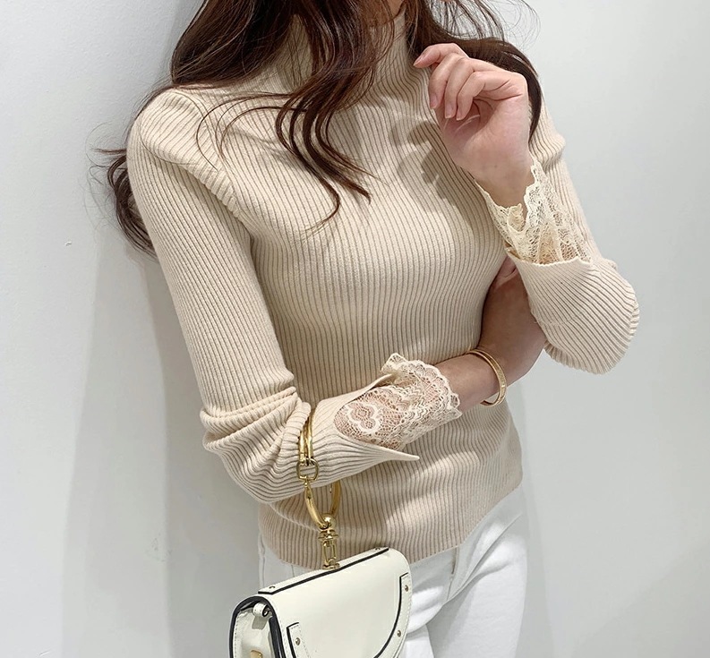 レースカフスハーフネックリブニット・p112018 レディース 韓国ファッション トップス ニット 長袖 ハーフネック モックネック レース カジュアル フェミニン ユニーク 秋冬 ST レースカフスハーフネックリブニット・p112018 レディース 韓国ファッション トップス ニット 長袖 ハーフネック モックネック レース カジュアル フェミニン ユニーク 秋冬 ST