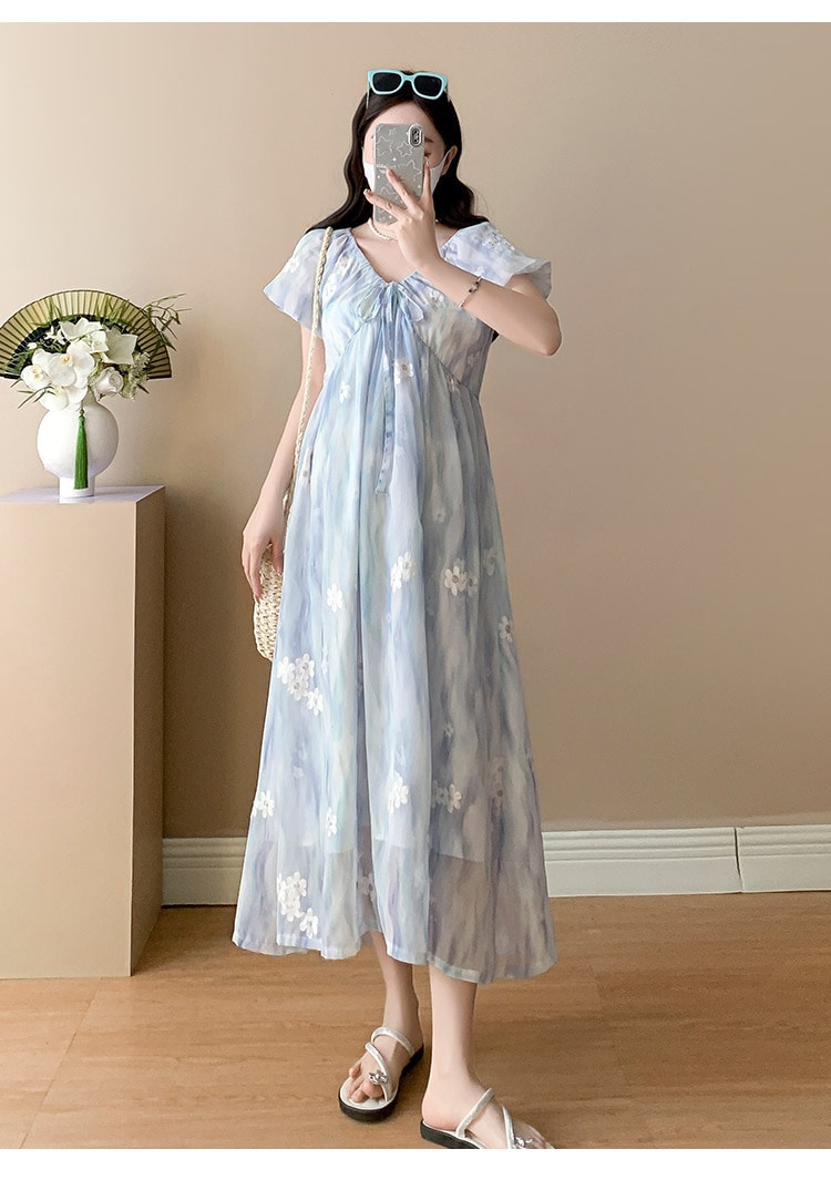 マタニティー25新作おしゃれな甘さのベルトVネック刺繍ゆったりサイズのマタニティーワンピース144498