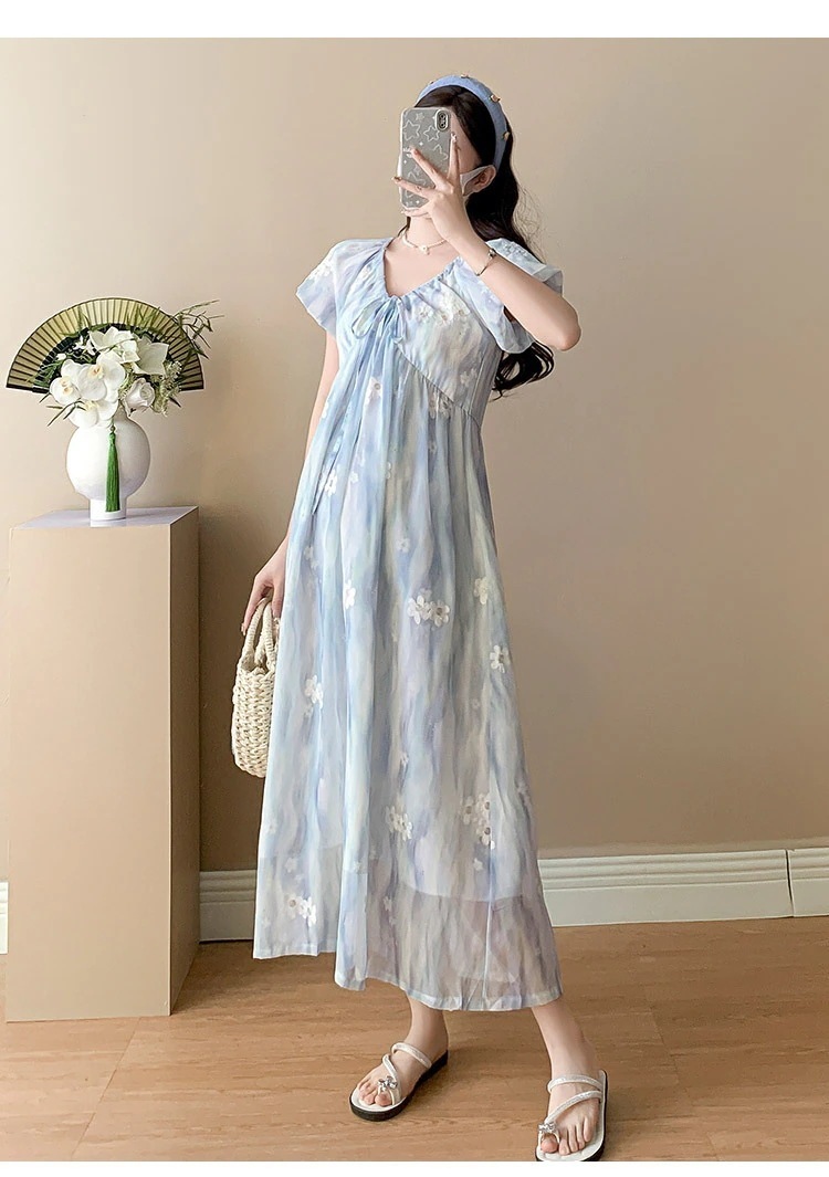 マタニティー25新作おしゃれな甘さのベルトVネック刺繍ゆったりサイズのマタニティーワンピース144498