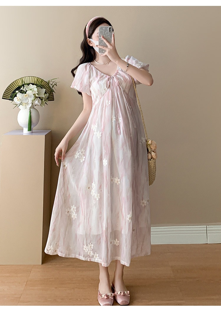 マタニティー25新作おしゃれな甘さのベルトVネック刺繍ゆったりサイズのマタニティーワンピース144498