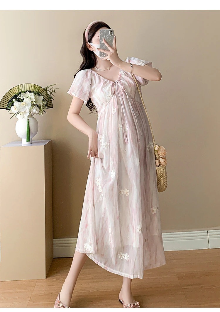 マタニティー25新作おしゃれな甘さのベルトVネック刺繍ゆったりサイズのマタニティーワンピース144498