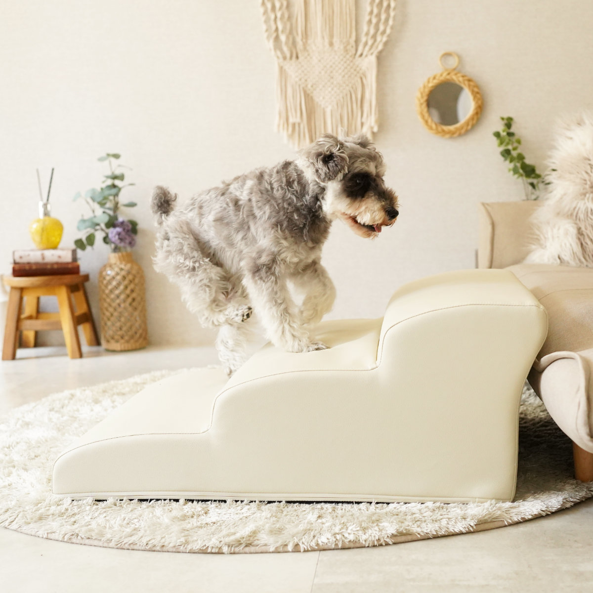 ドッグステップ ワイド 3段 小型犬用 階段型ソファ ペットソファ ペット ステップ スロープ クッション シンプル 無地 PVC生地 レザー調 お手入れ簡単