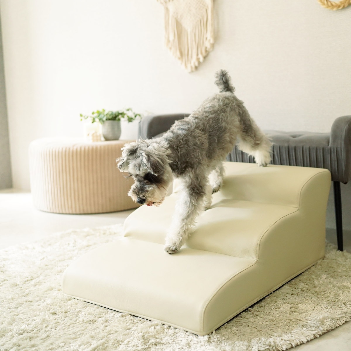 ドッグステップ ワイド 3段 小型犬用 階段型ソファ ペットソファ ペット ステップ スロープ クッション シンプル 無地 PVC生地 レザー調 お手入れ簡単
