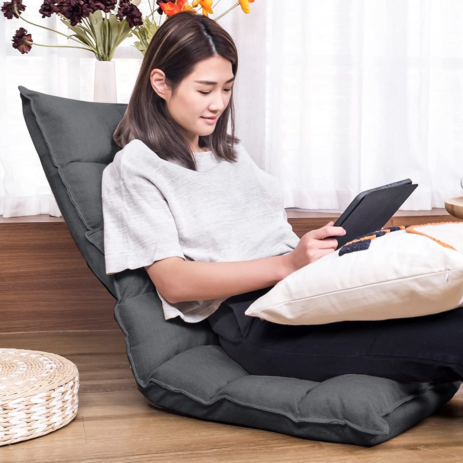 座椅子 首リクライニング座イス 1人掛け フロアチェア 折り畳み 省スペース 背面6段階調整 座椅子 (ダークグレー) 座椅子 首リクライニング座イス 1人掛け フロアチェア 折り畳み 省スペース 背面6段階調整 座椅子 (ダークグレー)