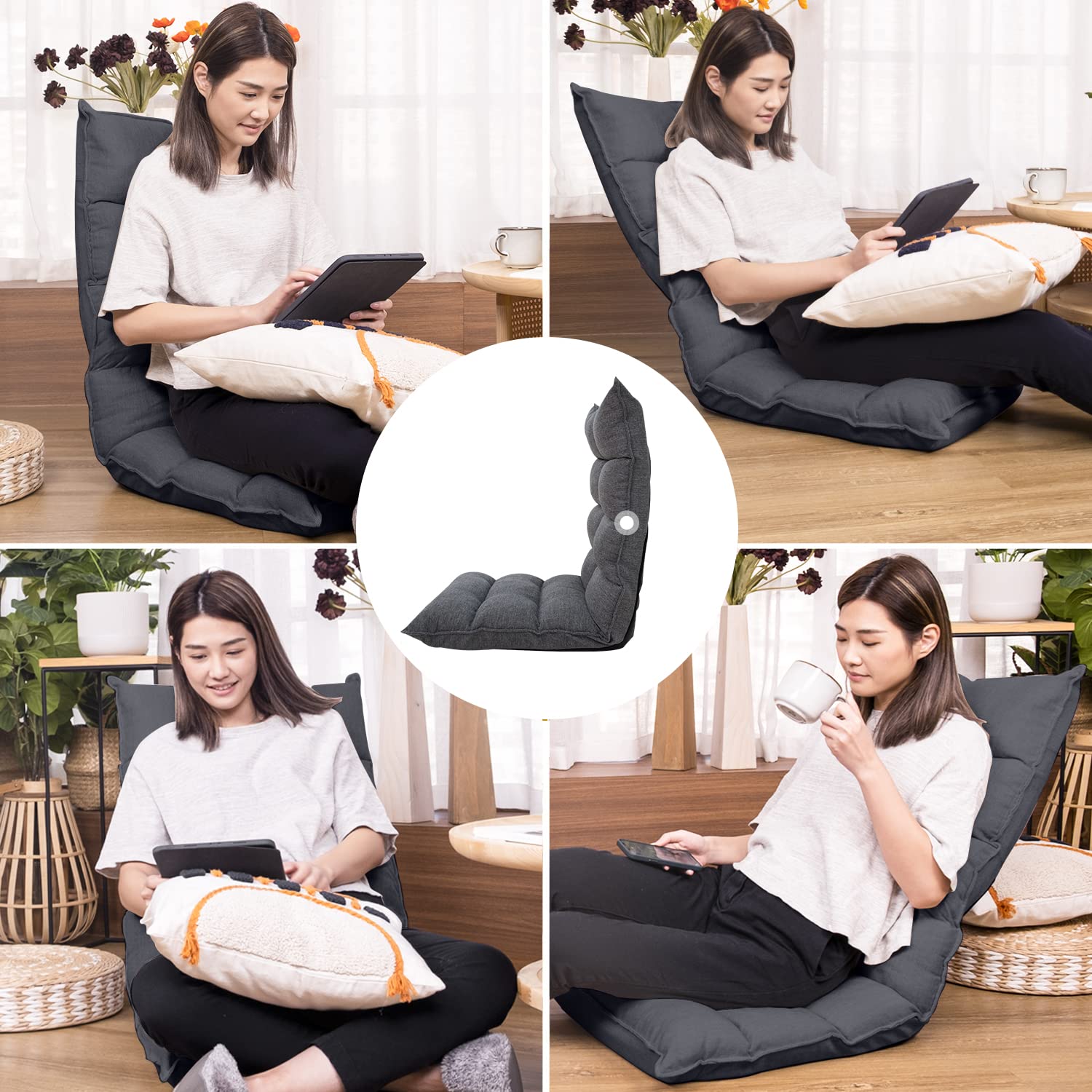 座椅子 首リクライニング座イス 1人掛け フロアチェア 折り畳み 省スペース 背面6段階調整 座椅子 (ダークグレー) 座椅子 首リクライニング座イス 1人掛け フロアチェア 折り畳み 省スペース 背面6段階調整 座椅子 (ダークグレー)