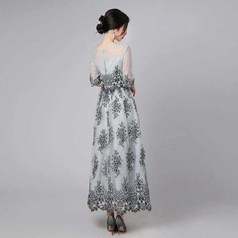 結婚式 ワンピース オケージョン パーティードレス イブニングドレス ロングドレス 袖あり 半袖 レース 発表会 演奏会 フォーマルドレス 同窓会 成人式 お呼ばれ 大きいサイズ 黒 グレー 秋