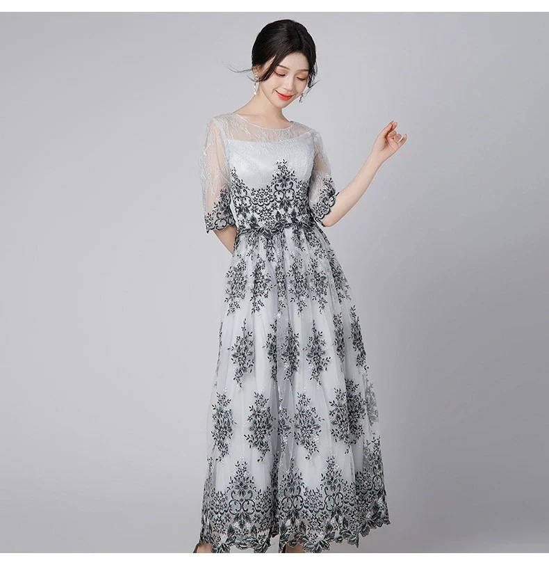結婚式 ワンピース オケージョン パーティードレス イブニングドレス ロングドレス 袖あり 半袖 レース 発表会 演奏会 フォーマルドレス 同窓会 成人式 お呼ばれ 大きいサイズ 黒 グレー 秋